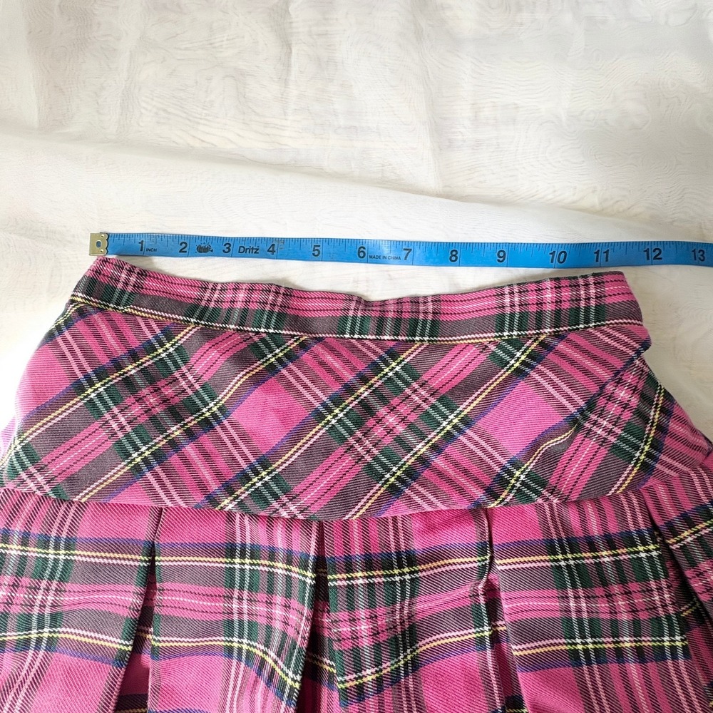 Pink Plaid Pleated Mini Skirt Tartan Side Zip Elastic Back Size 13/14 - Picture 4 of 7